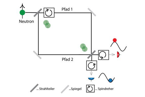 Schematische Darstellung des Weges der Neutronen. Es wird auf einen teiltransparenten Strahlteiler geschickt und bewegt sich dann auf zwei Wegen, die später wieder zusammengeführt werden.