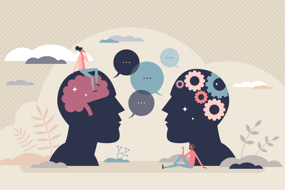 Grafische Darstellung zwier Köpfe mit Sprechblasen, einander zugewandt.