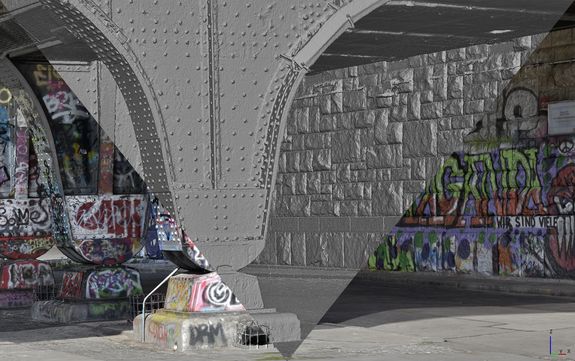 Kombination aus Graffiti-Foto und Computerdarstellung der dreidimensionalen Oberflächenstruktur