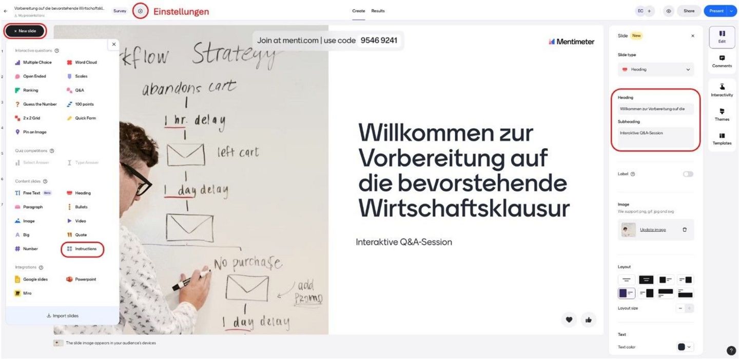 Ein Screenshot der Mentimeter Webseite mit einer neu angelegten Präsentation.