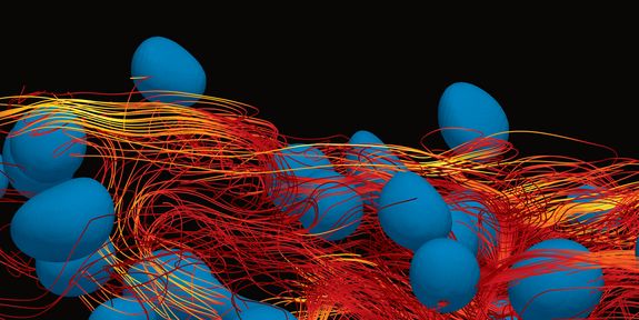 Ein turbulenter Strom um kleine Tröpfchen herum Ein turbulenter Strom um kleine Tröpfchen herum