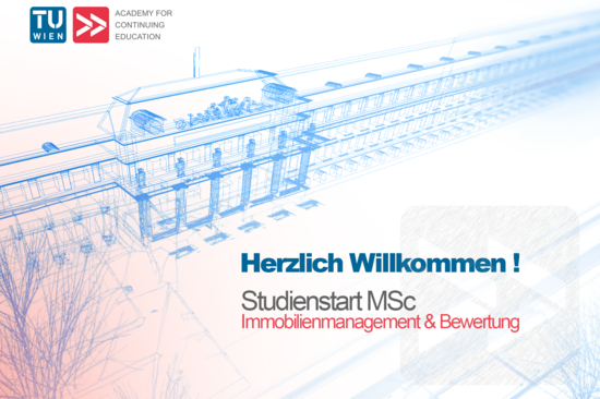 Architektonische Entwurfzeichnung mit Aufschrift Herzlich Willkommen!