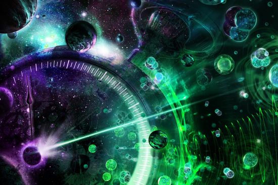 Künstlerische Kombination aus Uhr und Universum