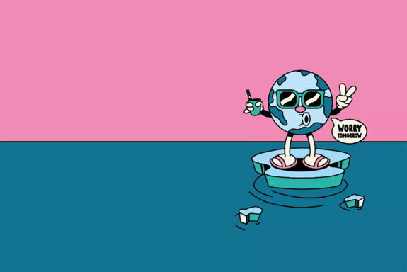 Erdkugel steht auf schmelzelnder Eisscholle und sagt "Worry Tomorrow"