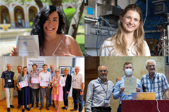 Collage mit den TU Wien Preisträger_innen. Rechts oben Johanna Bartlechner im Labor, rechts unten: Preisträger David Kouril mit Urkunde, links unten die drei Preisträger_innen der AGEO Awards mit Urkunden und Kommitee, links oben Renata Raidou mit Urkunde und Auszeichnung, im Freien aufgenommen.