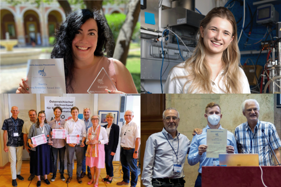 Collage mit den TU Wien Preisträger_innen. Rechts oben Johanna Bartlechner im Labor, rechts unten: Preisträger David Kouril mit Urkunde, links unten die drei Preisträger_innen  der AGEO Awards mit Urkunden und Kommitee, links oben Renata Raidou mit Urkunde und Auszeichnung, im Freien aufgenommen.
