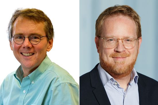 Zwei Porträtbilder. Beide Personen tragen helle Hemden, die Person rechts ein dunkles Sakko.