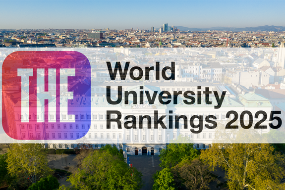 Drohnenbild der TU Wien Karlsplatz, im Vordergrund Bäume. Darüber ein leicht transparenter Balken mit Aufschrift THE World University Rankings 2025