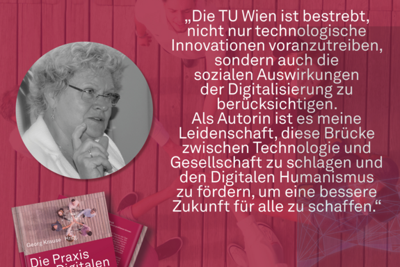 Roter Hintergrund  mit einem runden s/w Porträtbild von Rektorin Seidler mit Zitat rechts, unten links teilweise sichtbares Buchcover.