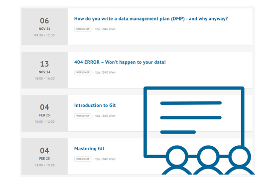 Das Bild zeigt einen Screenshot vom Veranstaltungskalender unserer Website mit den Workshops, die im kommenden Wintersemenster angeboten werden. in der rechten unteren Ecke ist unser Logo für Workshops eingefügt.