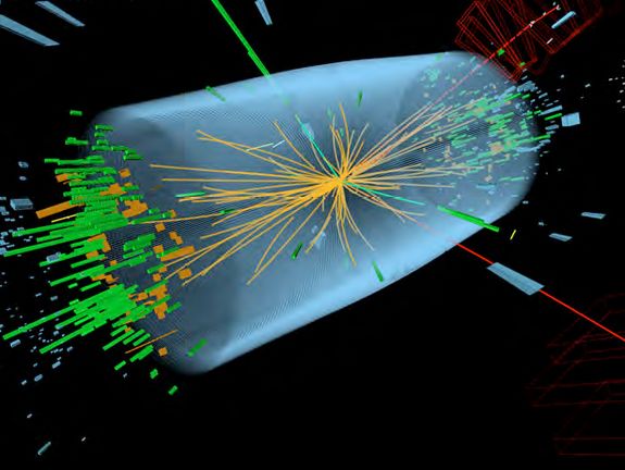 Ein 2012 mit dem CMS Detektor aufgezeichnetes Ereignis bei einer Proton‐Proton‐Schwerpunktsenergie von 8 TeV. Das Ereignis zeigt Charakteristika, die man vom Zerfall eines Standardmodell‐Higgs‐Bosons in ein Paar von Z‐Bosonen erwartet, von denen ein Z weiter zerfällt in ein Paar von Elektronen (grüne Linien und grüne Balken) und das andere in ein Paar von Myonen (rote Linien).