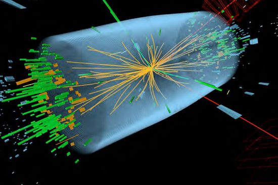 Ein 2012 mit dem CMS Detektor aufgezeichnetes Ereignis bei einer Proton‐Proton‐Schwerpunktsenergie von 8 TeV. Das Ereignis zeigt Charakteristika, die man vom Zerfall eines Standardmodell‐Higgs‐Bosons in ein Paar von Z‐Bosonen erwartet, von denen ein Z weiter zerfällt in ein Paar von Elektronen (grüne Linien und grüne Balken) und das andere in ein Paar von Myonen (rote Linien).