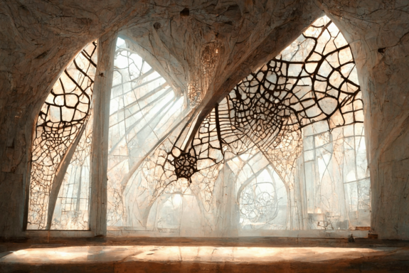 Spitze Bögen mit netzförmiger Struktur. Dahinter strahlendes Licht.