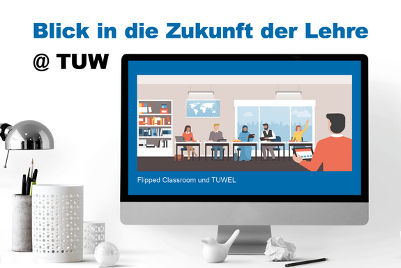 Monitor mit Klassenzimmer und Schüler_innen, daneben Lampe in silber und Stiftbecher in weiß