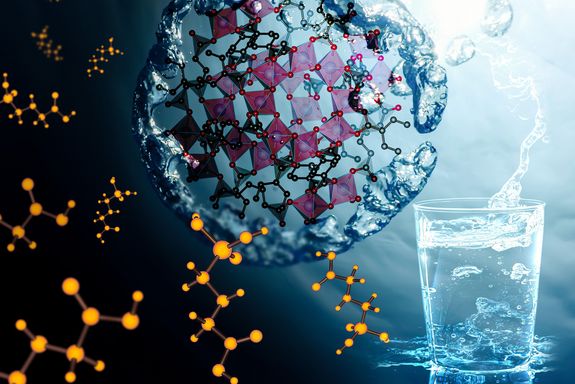 Computerbild einer metallorganischen Gerüstverbindung, daneben Wasser