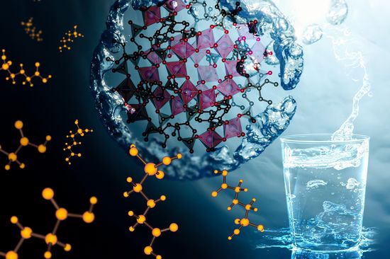 Computerbild einer metallorganischen Gerüstverbindung, daneben Wasser