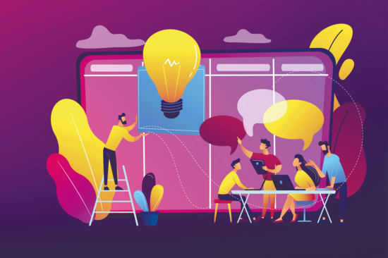 Computerzeichnung mit Menschengruppe in einem Workshop. In Lila gehalten.