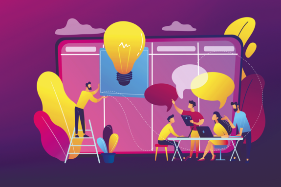 Computerzeichnung mit Menschengruppe in einem Workshop. In Lila gehalten.