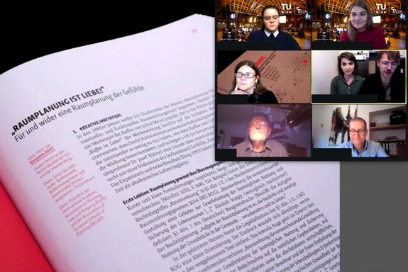 Videokonferenz-Screenshot mit Jubiläumsbuch