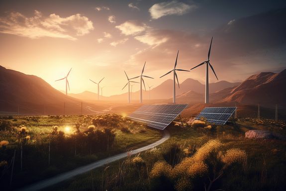 Eine Solaranlage und Windräder im Hintergrund.