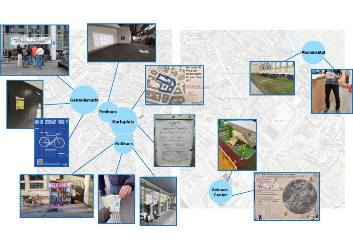 Karte mit Standorten der TU Wien und Aktionen von den Studierenden aus dem Wintersemester 2025/26