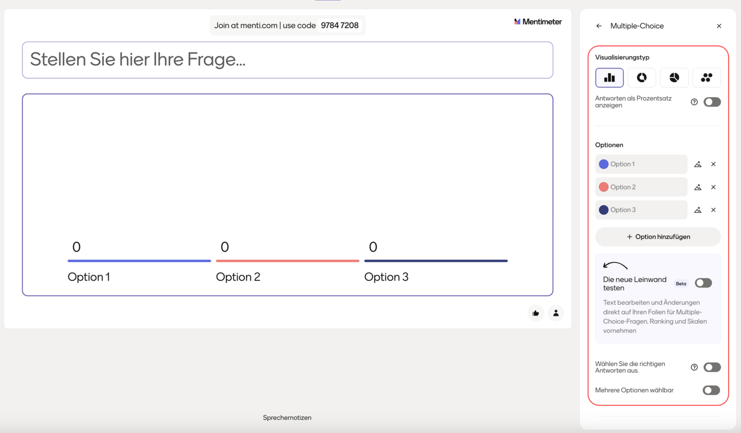 Einstellungen für aktive Folie