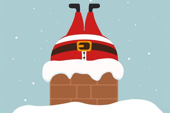 Zeichnung mit einem Rauchfang aus dem der dicke Unterkörper eines Weihnachtsmannes ragt.