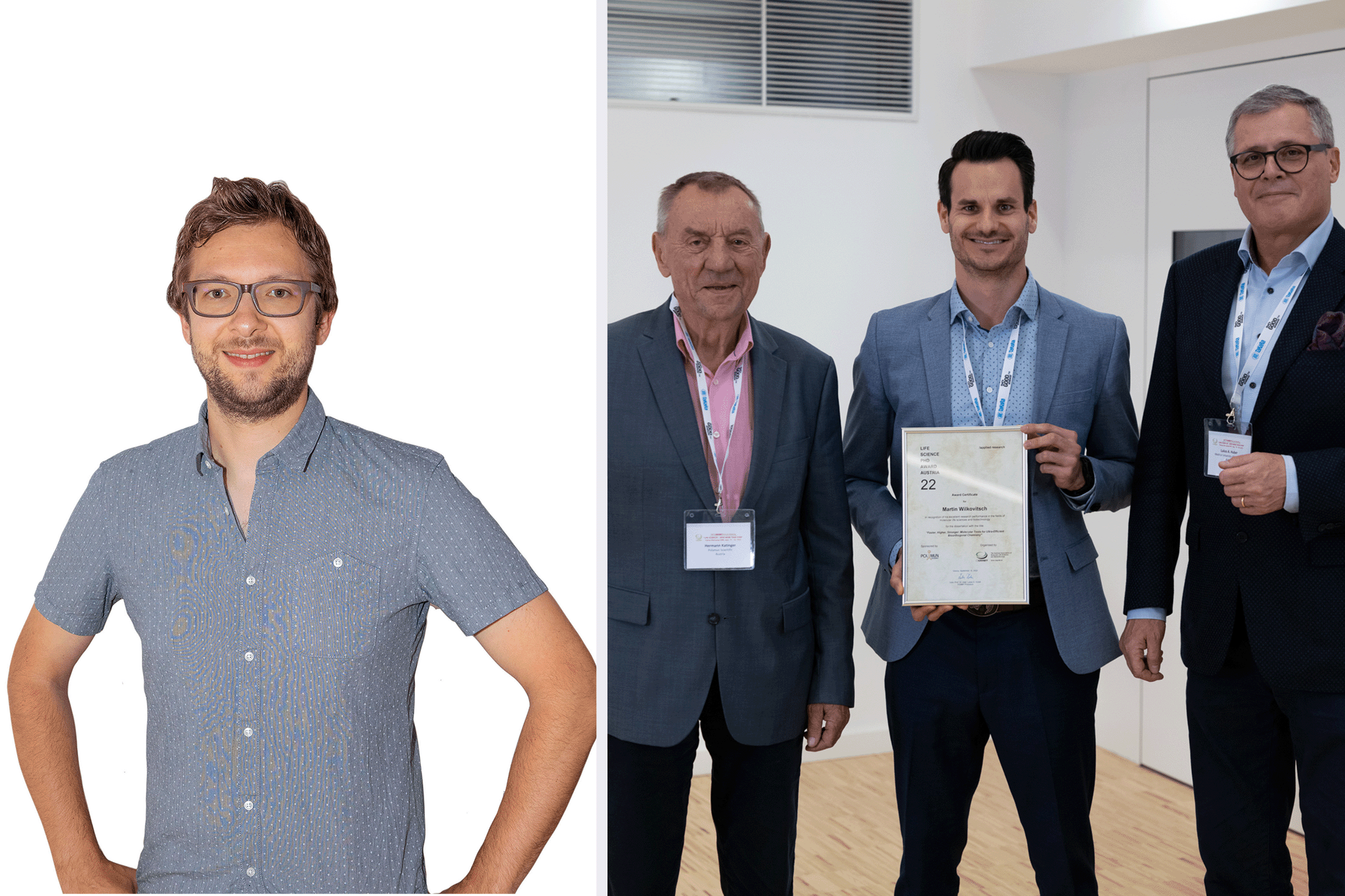 Zweigeteiltes Bild: Porträtbild Markus Hechers mit weißem Hintergrund, Dreierbild mit Martin Wilkovitsch (Mitte), der eine Urkunde hält. 