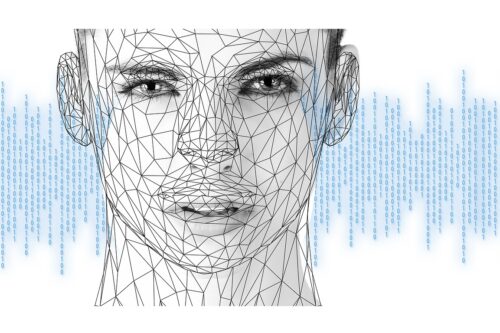 3d model of a face with background containing zeroes and ones