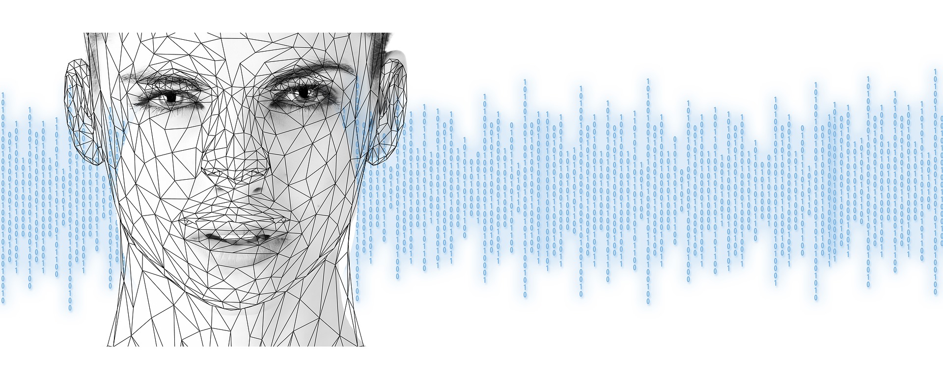 3d model of a face with background containing zeroes and ones