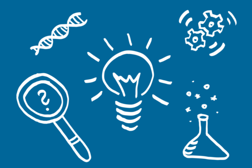 Symbols for research: DNA, lightbulb, gears, magnifier