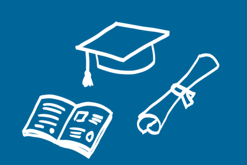 Symbols for teaching: square academic cap, book, scroll