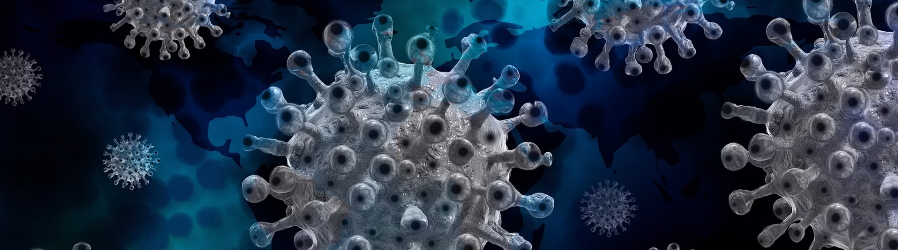 Gray viruses float against a dark blue background