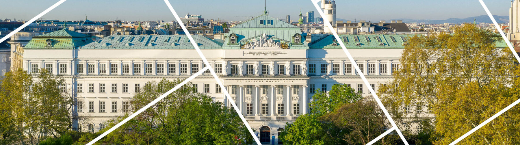 Headerbild mit Gitternetzlinien Drohnenaufnahme TU Wien Hauptgebäude Karlsplatz 13