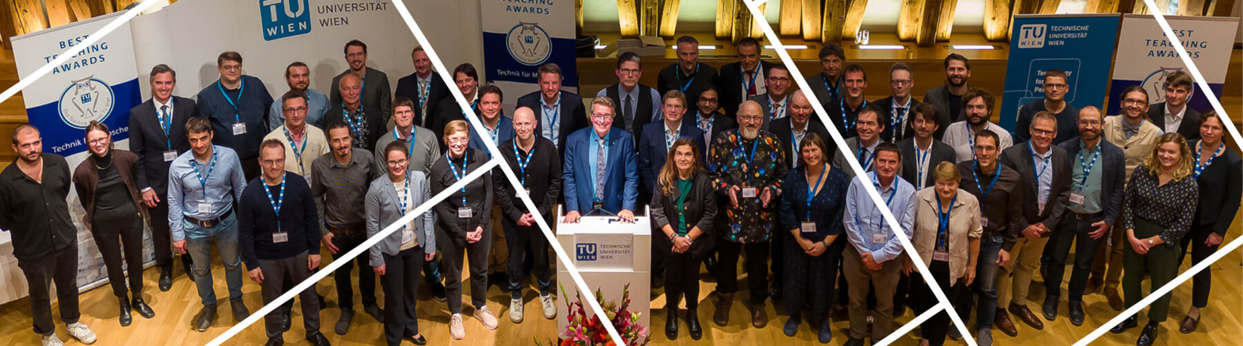 Headerbild mit Gitternetzlinien Drohnenbild im Kuppelsaal der TU Wien Gewinner_innen Best Teaching Awards 2022 gemeinsam mit Vizerektor Matyas in der Mitte;