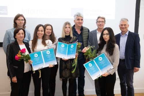 Gewinner_innen Helmut Veith Stipendium Nikita Veith, Herta Veith, Daniela Martinez Duarte, Anna Prianichnikova, Ana Vesic und Ljutvija Durakovic, Kurt Matyas, Anna Baghumyan, Norbert Mauser (WPI) (von links)