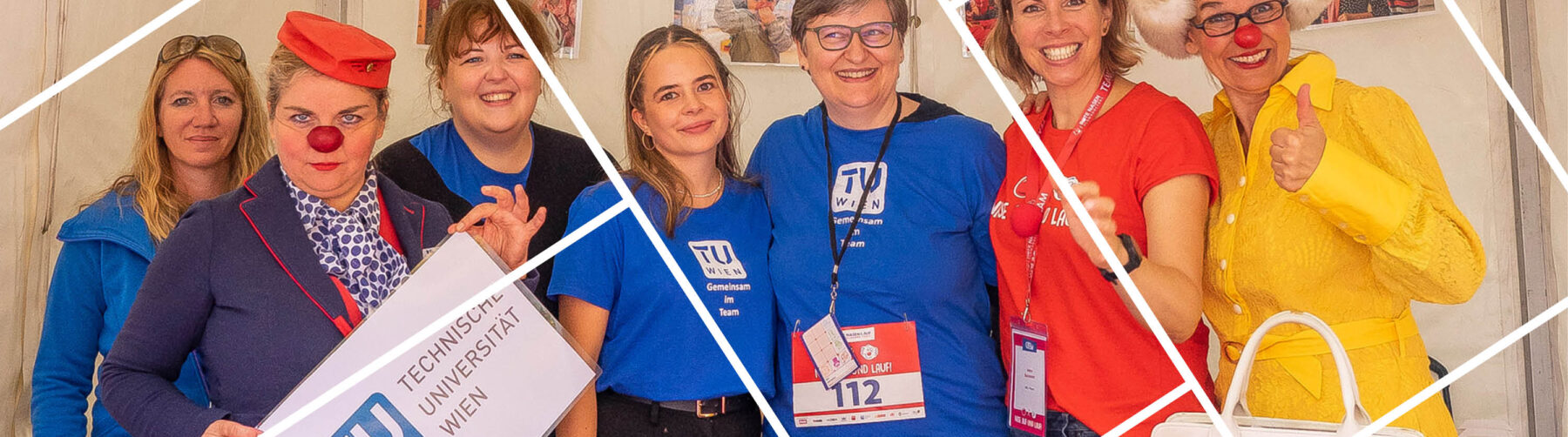 Headerbild mit Gitternetzlinien TU Wien Kolleginnen mit Rote Nase Clowndoctors bei Rote Nase Lauf auf Infostand