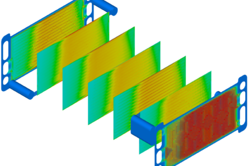 Simulated current density in a PEM fuel cell in an exploded view