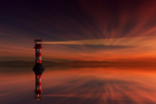 Leuchtturm am Wasser während Sonnenuntergang (computergeneriert)