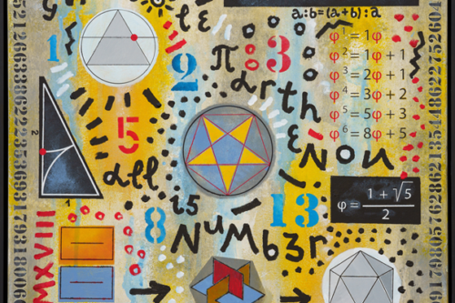 Bunte Collage aus vielen Formen und mathematischen Symbolen